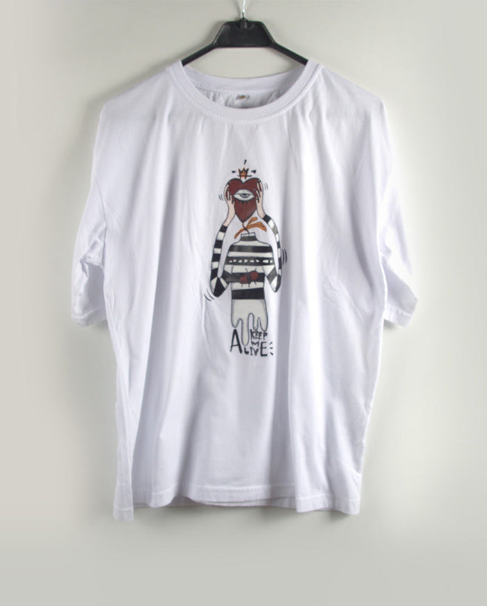 D248.Beni Hayatta Tut Oversize Tişört Beyaz S