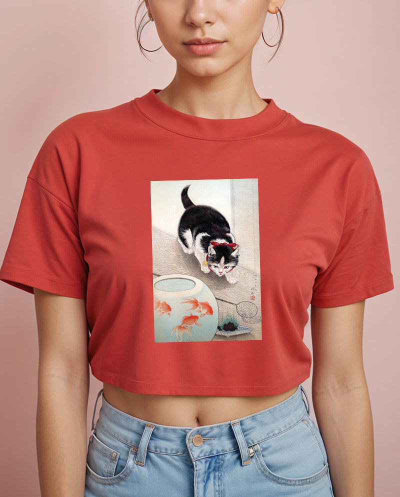 Kedi ve Japon Balığı Kasesi Crop Tişört